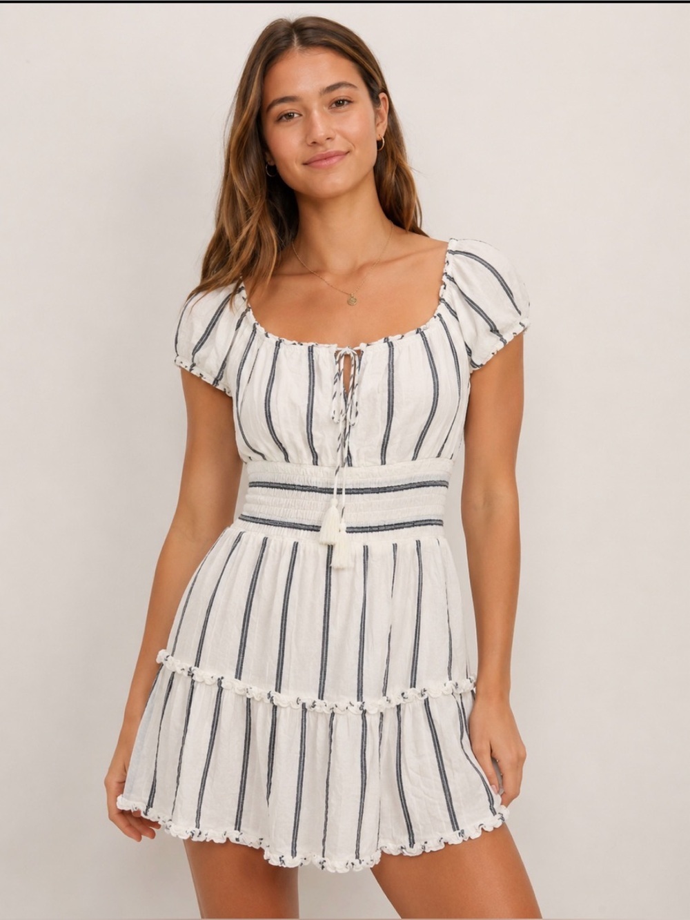 American Eagle Outfitters White Dress with Navy Stripes - Puff Sleeve Mini